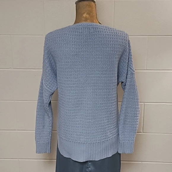 Cotton Blend Blue Sweater Oversized Small Side Slits V-Neck Rib Cuffs & Bottom - Picture 3 of 8